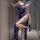 Woman wearing blue lace juhuo seductive lingerie cami set with high slit, posing in hallway — modest yet alluring sleepwear.
