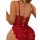 Sexy red lace bodysuit with sheer backless design, open-crotch style, perfect for bridal lingerie or evening wear.