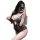 Woman wearing black luxury lace bodysuit with sheer mesh and elegant cutouts, holding phone for selfie.