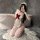A woman poses in a bathroom wearing a lace nightwear set with ruffled hem, featuring a maid costume design, sheer fabric, and...