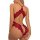 Woman wearing red lace open-crotch bodysuit with sexy backless design, plus size luxury lingerie for intimate wear.