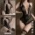 Woman modeling black lace pure-temptation lingerie set with sheer backless design, tie-up details, and open-crotch thong.