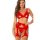 Woman modeling red lace lingerie set with sheer push-up bra and matching thong, elegant european style sleepwear.