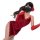 Woman in red lace temptation cross-strap nightgown, sexy backless silk-like boudoir dress with gloves and rose hair accessory...