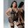 Woman modeling black lace temptation lingerie set with sheer push-up bra, matching panty, and fishnet stockings.
