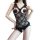 Woman wearing black lace temptation sleepwear set with sheer mesh and open-crotch design for intimate nights.