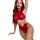 Woman modeling red leopard print lingerie set with cutout sides and chain detail, bold sexy bikini style erotic underwear.
