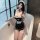Sexy maid costume set featuring black and white uniform with fishnet stockings, perfect for role play and seductive sleepwear...