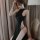 Elegant black lace sleep dress with sheer ice silk texture, offering sexy and sophisticated design for womens bedroom lingeri...