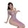 Woman modeling purple lace qipao dress, sexy off-shoulder high-slit sheer gown with floral hair accessory.