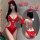 Sexy red lace sleep dress with halter neck, bow detail, and peekaboo cutouts, perfect for festive occasions.