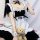 A woman wearing a maid costume cosplay dress, featuring black and white colors with ruffles and bows. she holds a teddy bear,...