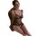 Woman wearing mannyan sheer lace bodysuit with polka dots, pearl beading, and butterfly design.