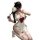 Woman in white lace maid costume with red bow, fishnet stockings, and feather duster – mannyan sexy maid set for cosplay.