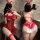 Sexy mannyan new year bunny costume featuring red bodysuit with garter straps, open-crotch design, and bunny ears for festive...