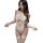 Woman wearing white lace bodysuit with sheer panels and open-crotch design, paired with matching thigh-high stockings.