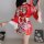 A woman models a vibrant red muran new japanese kimono with playful floral patterns, featuring a bow tie and elegant design, ...