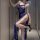 Woman wearing naben sensual lingerie – blue lace cami set with high slit, sheer fabric, and garter detail.