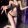 Woman wearing black lace butterfly bikini set with harness straps, sensual night silk lingerie for belly dance or intimate we...