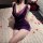 Woman wearing purple lace-trimmed bodycon dress on plush rug with rose petals — night silk sensual sleepwear for role play & ...