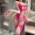 Woman modeling vibrant pink nightsigh lace bodysuit, a sheer mesh halter bodystocking with intricate cutouts and garter strap...