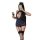 Woman in navy blue nightsigh nightseduction flight attendant lingerie set, holding champagne and phone, wearing thigh-high st...