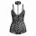 Black lace halter bodysuit with floral pattern and matching choker, sheer backless design for elegant lingerie look.