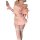 Woman in pink nightsiyese bunny girl costume set with ruffled skirt, gloves, and lace stockings holding a glass.