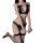 Woman modeling black pearl temptation thong lingerie set with lace bra, pearl detail, and fishnet stockings.
