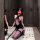 Woman kneeling in black lace halter bodysuit and pencil skirt sleep set with fishnet stockings, plus size busty secretarial o...