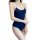 A woman models a navy blue one-piece swimsuit with white trim, featuring thin straps and a sleek design suitable for date nig...