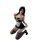 Woman in black and white lace lingerie set with garter stockings, posing playfully — cute yet sensual sleepwear for women.