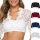 Woman modeling white lace mesh camisole set; sexy lingerie with scalloped edges, available in black, red, navy, gray.