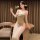 Seductive beige dress with lace sleeves and thigh-high slit, perfect for evening elegance.