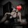 Woman in plus size sexy lace bodysuit with strappy halter design and open-crotch cut-out, posing on a table in a dimly lit ro...