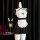 Black and white bunny girl maid costume with lace, mesh, ruffles, and bow details on mannequin.