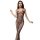 Woman modeling plus size black lace fishnet bodysuit with tear-away crotch and sheer mesh lingerie design.