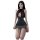Woman kneeling in a black lace bodysuit with a glittery skirt, showcasing the pure & alluring lace bodysuit for women.