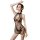 Woman wearing black sheer cheongsam lingerie with lace cut-outs and halter neck design.