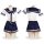 Front and back view of a japanese sailor uniform set, featuring a white crop top with navy blue accents and pleated skirt, id...