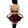 Woman in burgundy pure & playful lingerie set with skirt and stockings, back view of cute student-style sexy outfit.