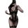 Woman in black lace lingerie set with sheer panels and garter straps, holding phone for mirror selfie.