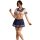 Woman modeling pure & playful lingerie set: sexy student-style uniform sleepwear with navy skirt, crop top, and lace thigh-hi...