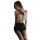 Woman wearing black and lace lingerie sleep set with bow detail, featuring tight-fit nightgown and sheer stockings for sensua...