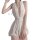 Woman wearing a white lace sleep dress with a deep v-neck and waistband, part of the pure & playful lingerie sleepwear set.