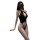Woman modeling black lace bodysuit with deep v-neck and high-cut legs. pure & seductive lace bodysuit set for women.