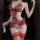 Woman wearing red lace bodysuit with open crotch, sheer panels, and thigh-high stockings.