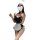 Woman in elegant black and white maid costume lingerie set with lace trim, premium fabric, sensual design.