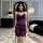 A woman models a purple bodysuit with lace details, featuring sheer fabric and string ties, perfect for sleepwear or cosplay.