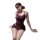 Woman in purple pure & seductive lingerie set with open-crotch bodycon skirt, lace trim, and blindfold.